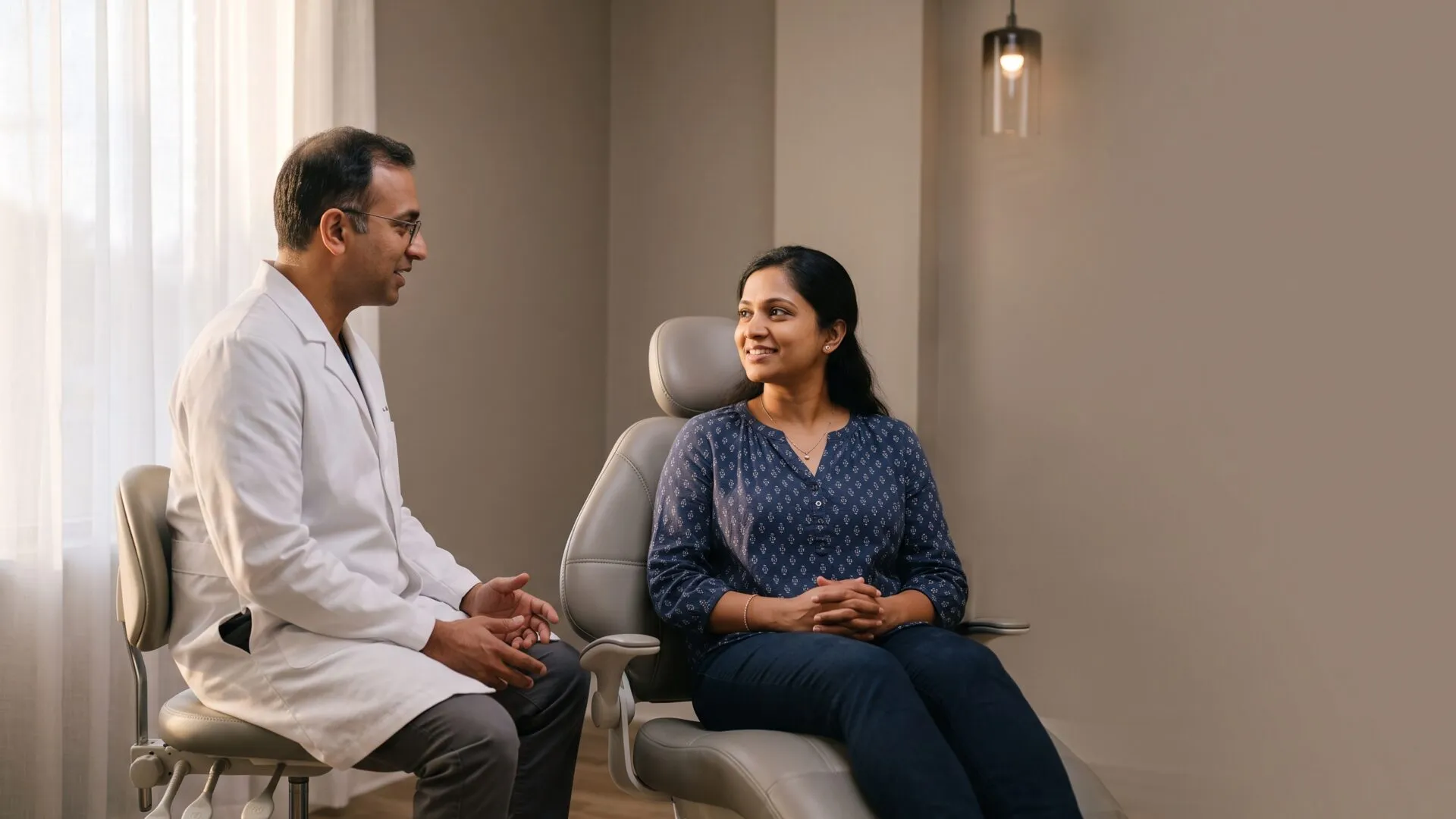 A dentist sitting beside a relaxed patient in a quiet room, talking before any treatment begins