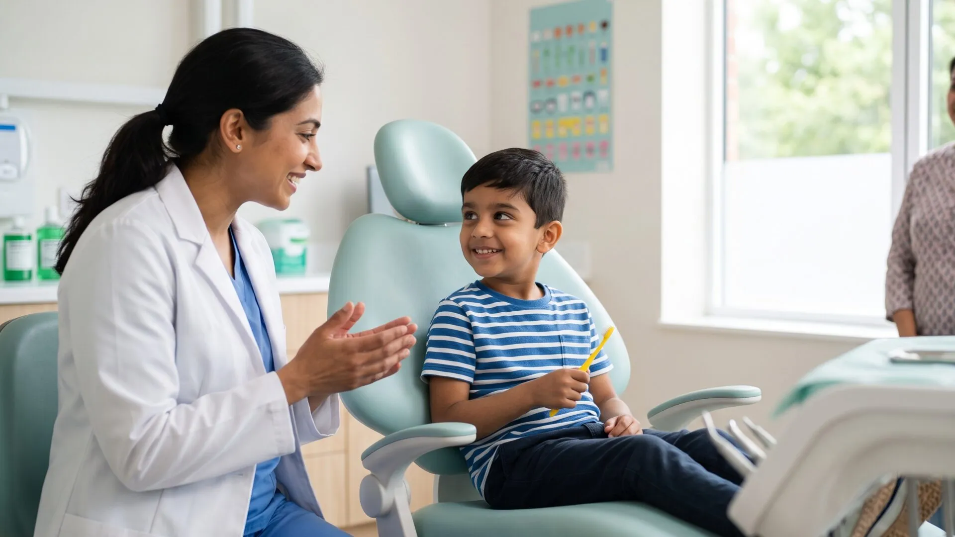 A young child sitting comfortably in a dental chair while a dentist explains the check-up