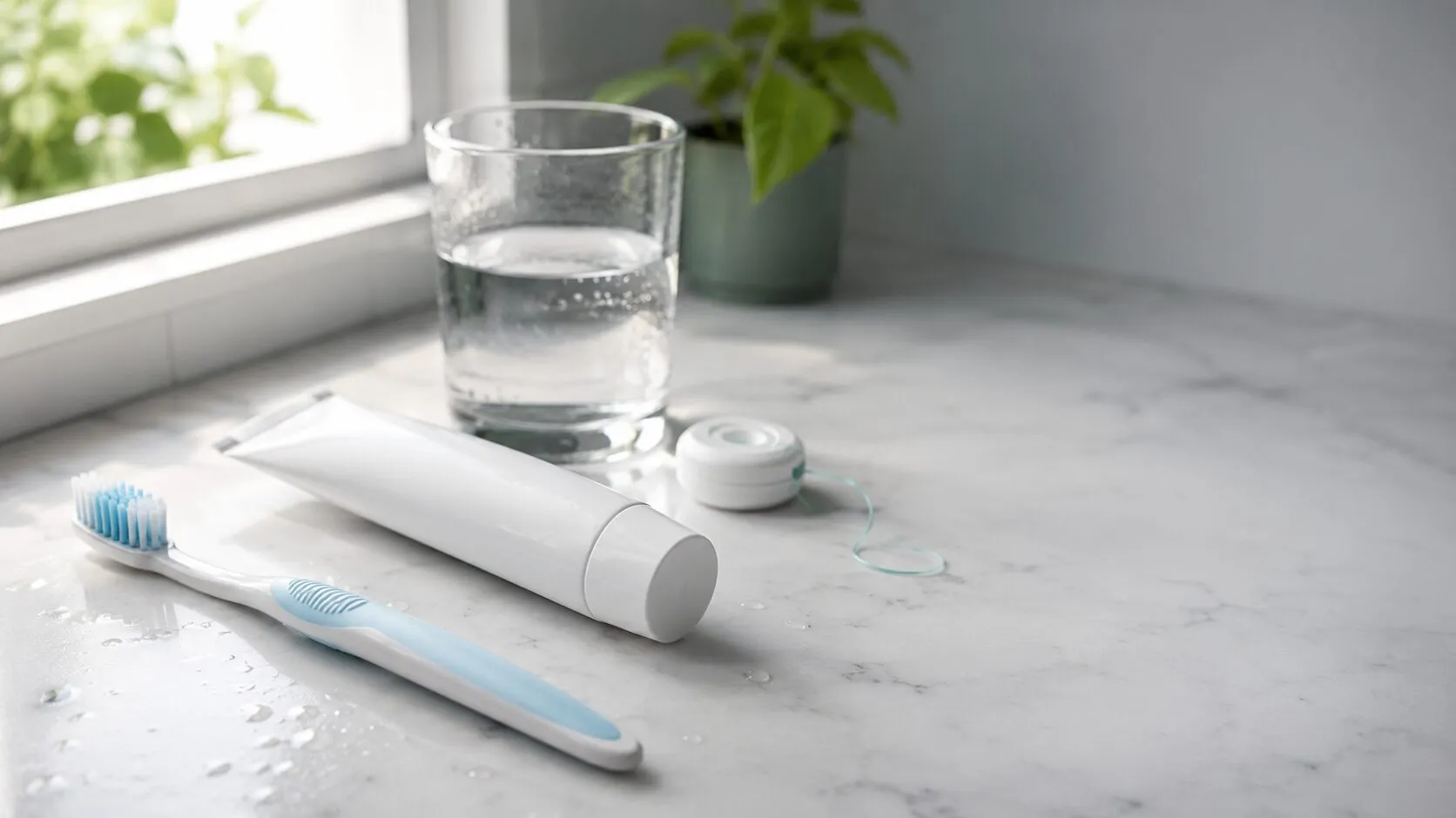 A toothbrush, toothpaste, dental floss and a glass of water arranged on a bright bathroom counter