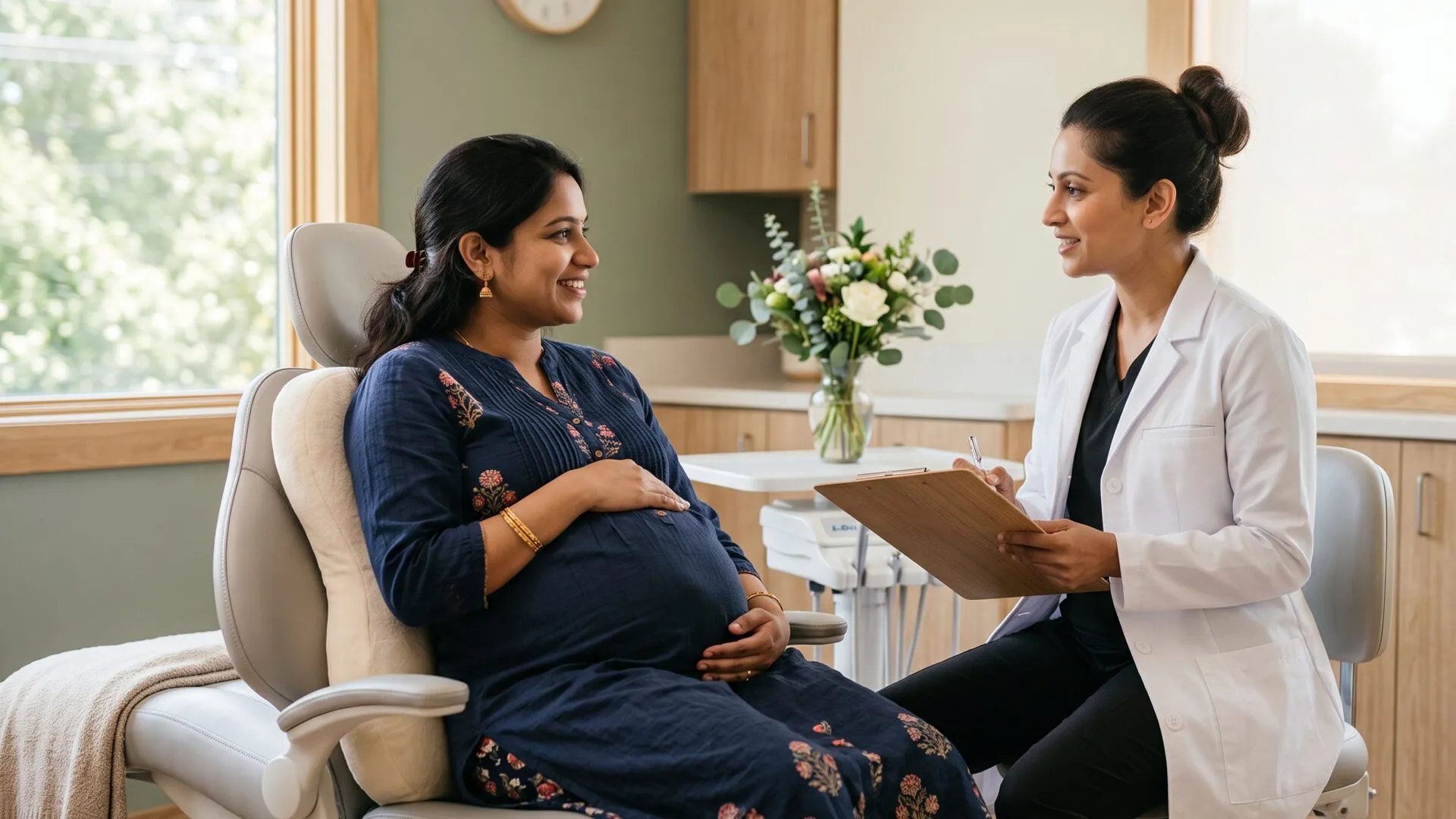 A pregnant woman seated comfortably while a dentist talks her through a check-up