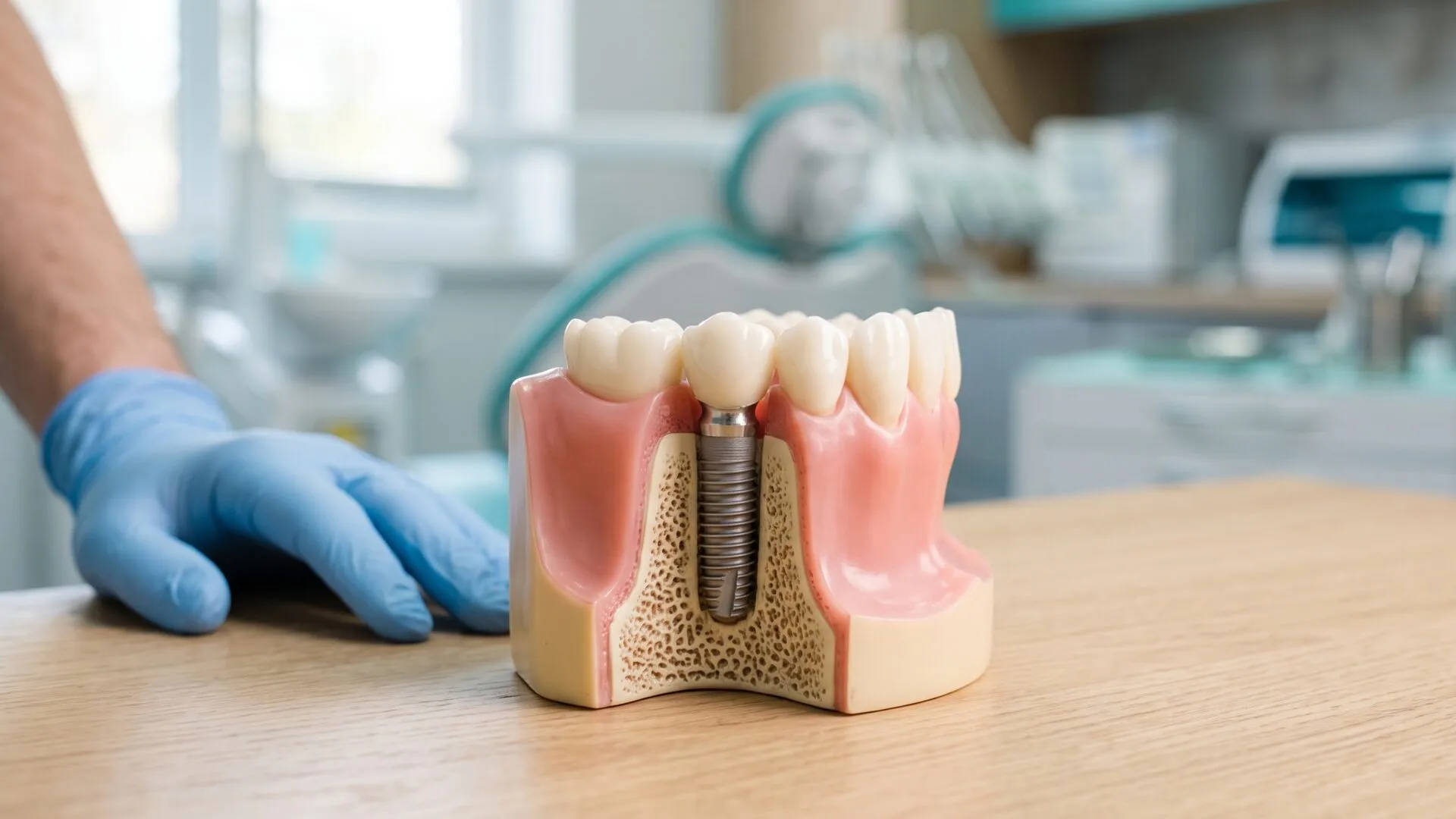 A cutaway dental implant model on a desk showing the titanium post set in the jawbone beneath a crown