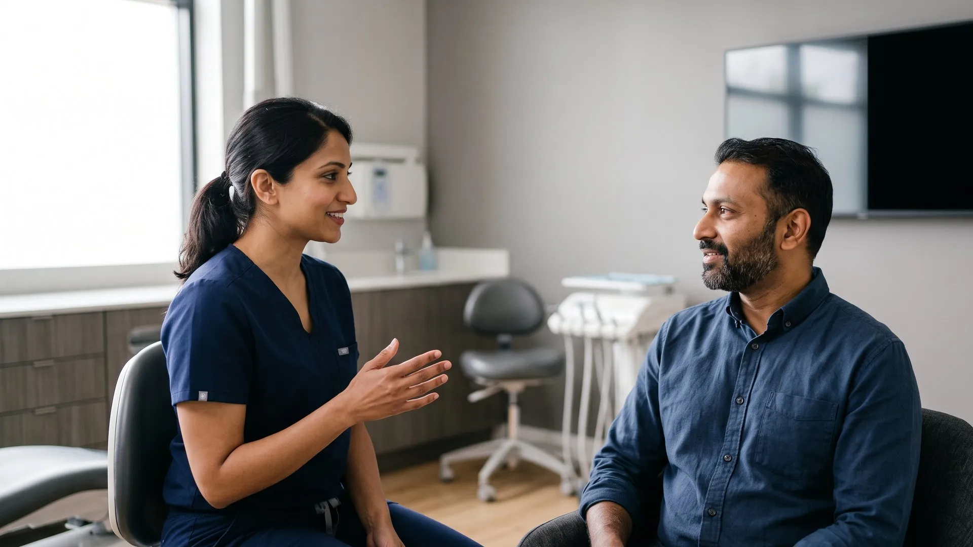 A dentist in navy scrubs gesturing as she talks with a seated patient in a bright consultation room