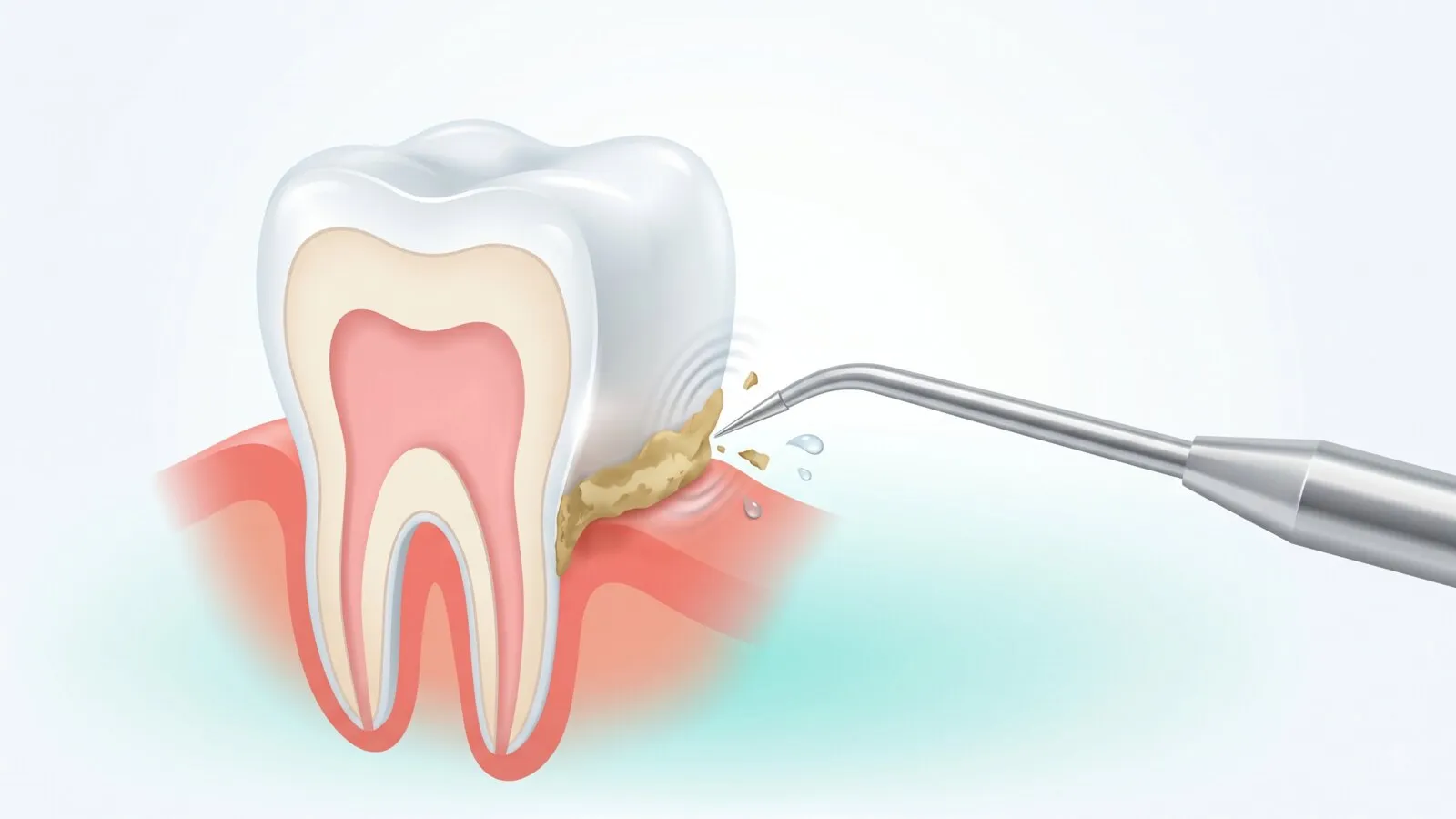 Illustration of a molar cut lengthwise, showing the white enamel shell over cream dentine and a pink pulp chamber, with a band of yellow-brown tartar built up where the tooth meets the red gum and the tip of an ultrasonic scaler breaking fragments off that deposit