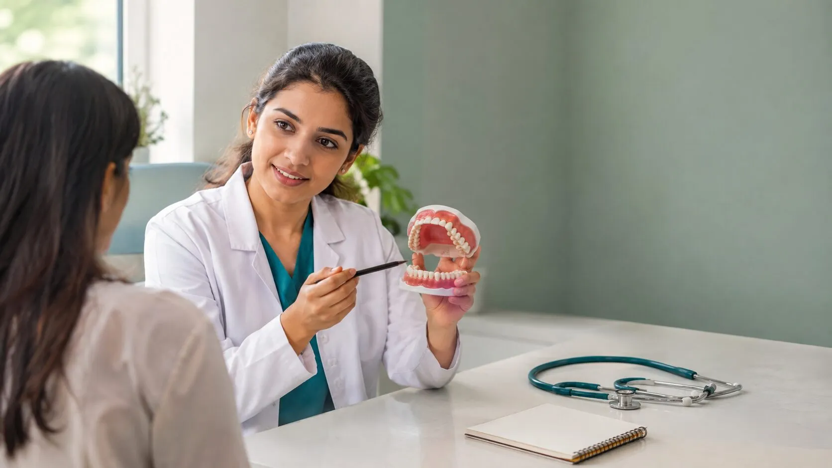 A dentist using a model of the teeth and gums to explain gum health to a patient