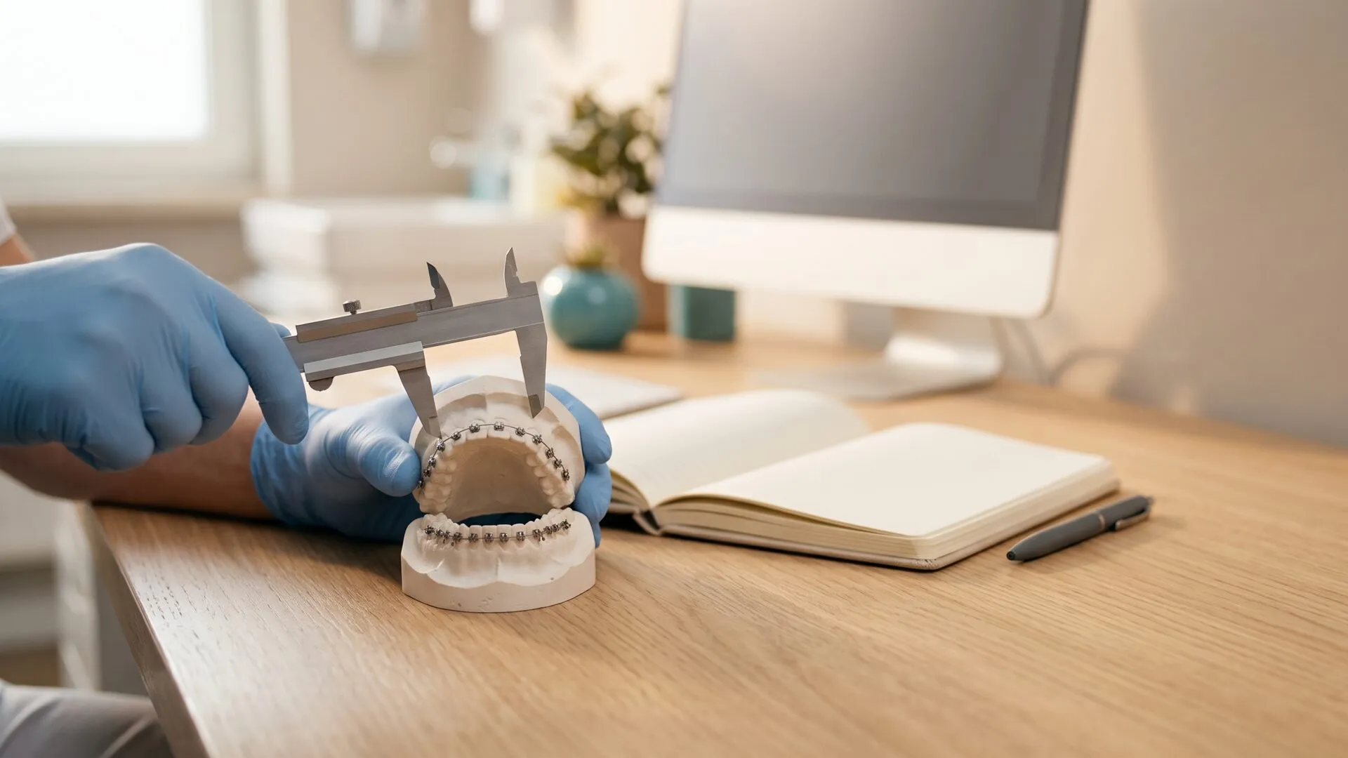 An orthodontist measuring a plaster dental model with a caliper while planning braces treatment