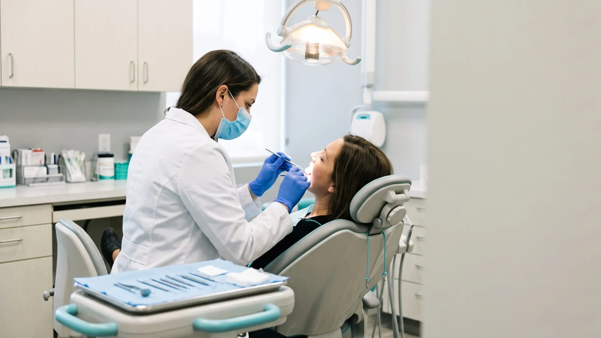 A dentist in a mask and gloves examining a patient in the chair during a routine check-up