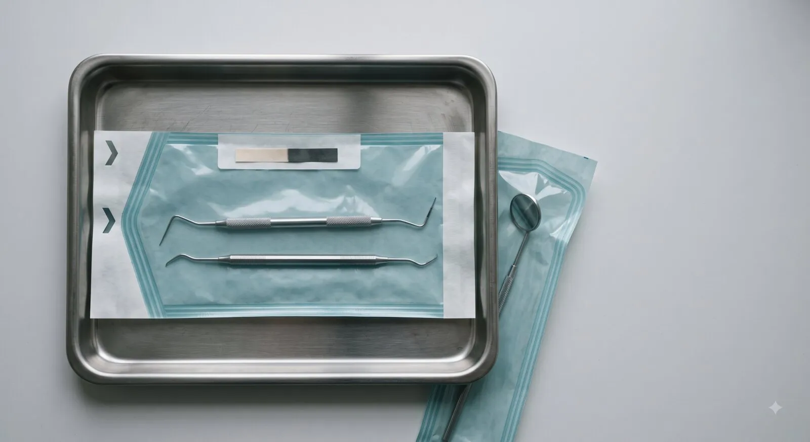 A sealed sterilisation pouch lying on a stainless steel instrument tray, two dental hand instruments visible through its clear film and the printed indicator strip on the pouch darkened, with a second sealed pouch holding a mouth mirror beside the tray
