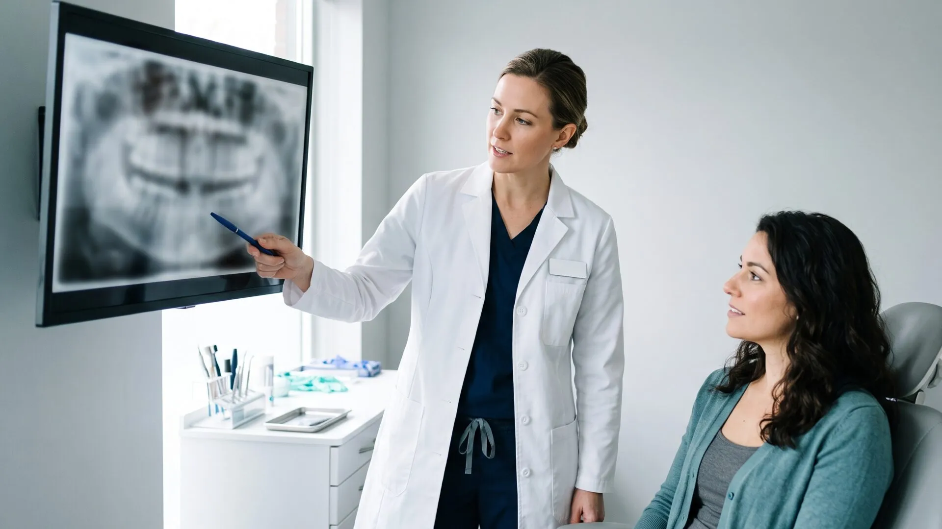 A dentist pointing to the lower jaw on a panoramic X-ray while talking a patient through wisdom tooth removal