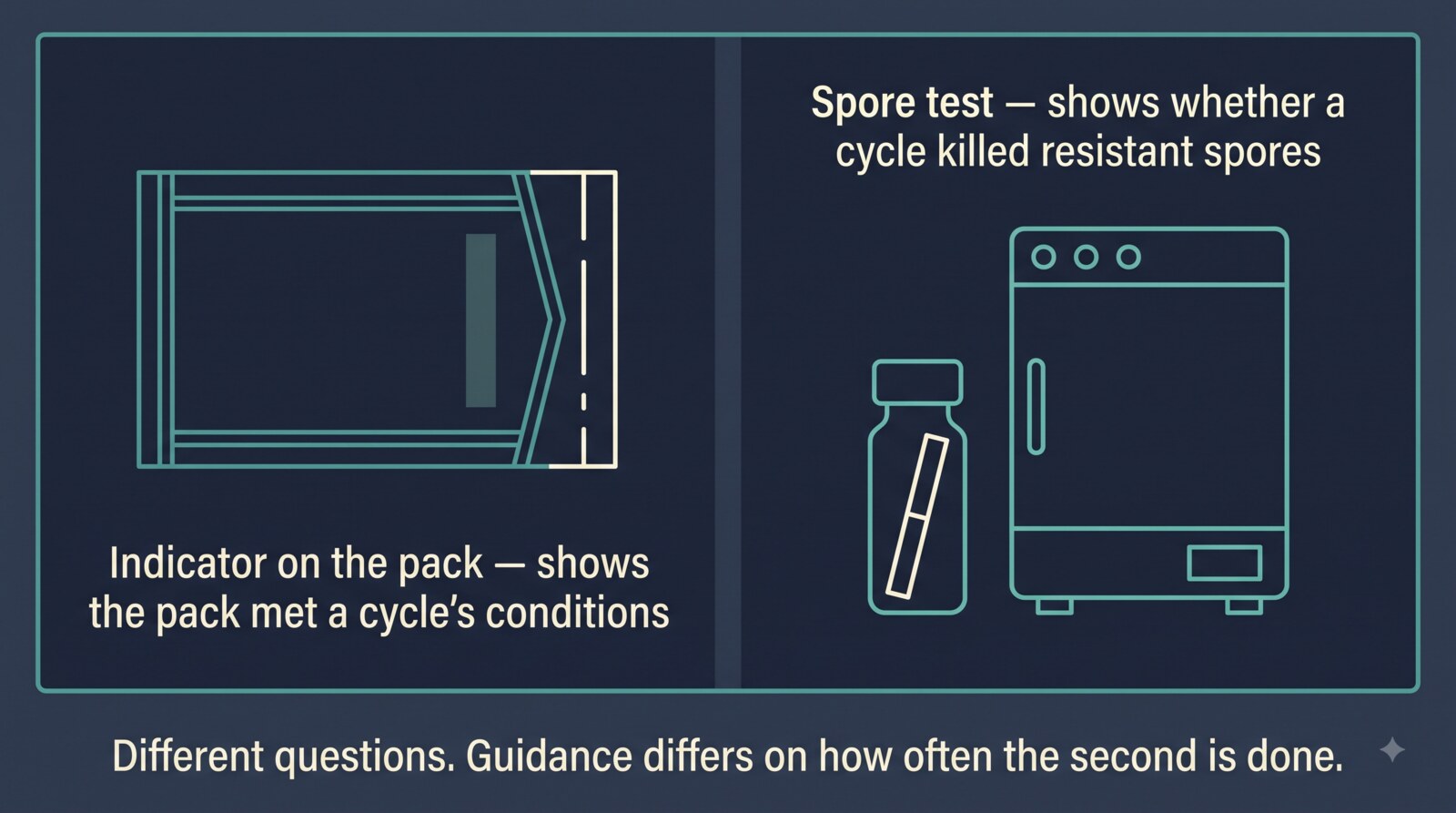 A two-panel diagram: on the left, a pouch indicator labelled as showing that the pack met a cycle's conditions; on the right, a spore test in a vial beside an incubator, labelled as showing whether a cycle killed resistant spores